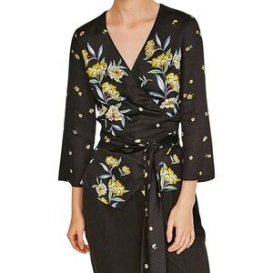 ZARA‎ Black Floral Wrap Kimono Blouse